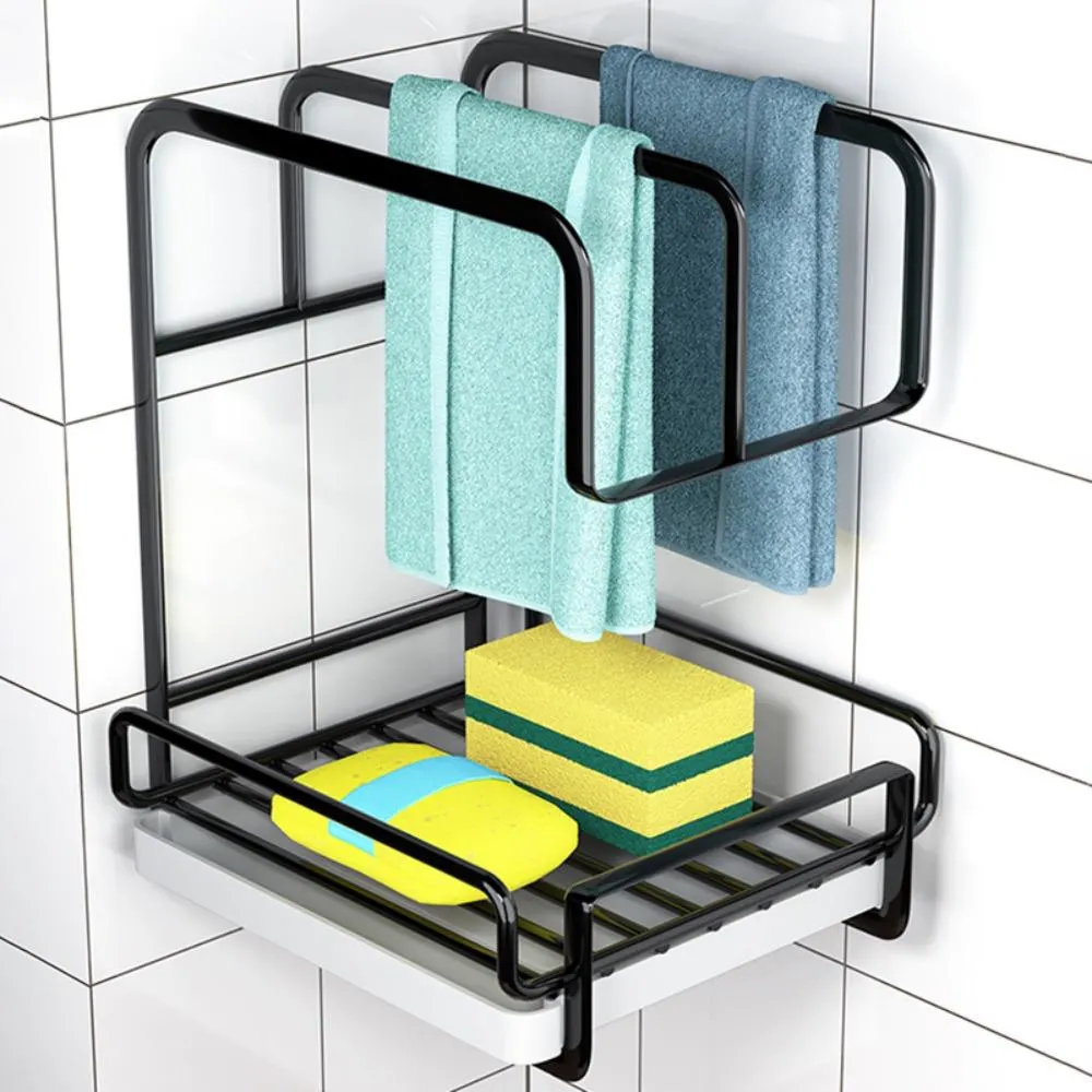 Wall-Mounted Multi-Function Bathroom Organizer with Towel Hanger & Storage Shelf