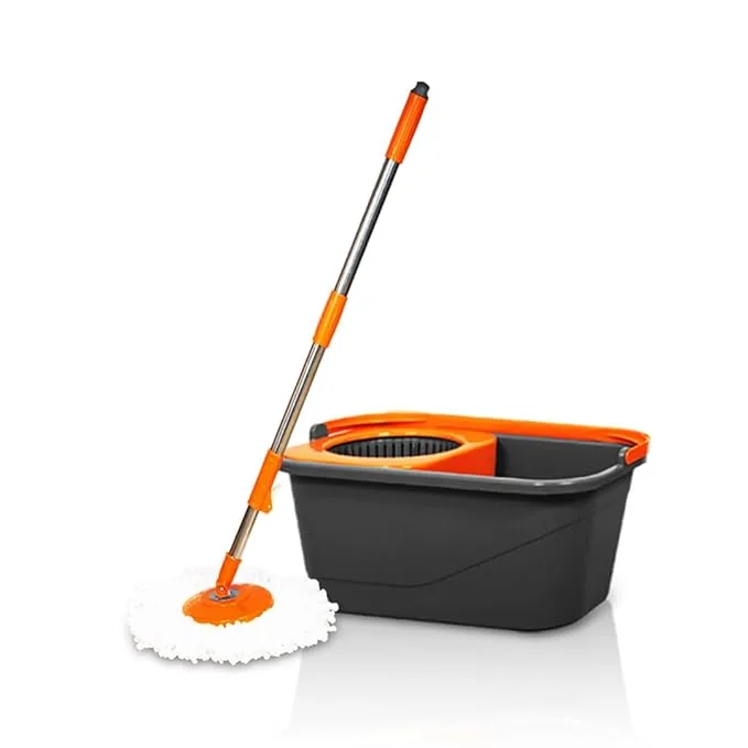 Spin-Wash Floor Cleaning Mop Set with Built-In Wringer Bucket & Microfiber Refill