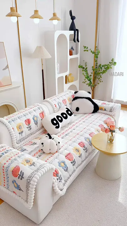 Quilted Floral Non-Slip Sofa Cover Set with Pom-Pom Trim